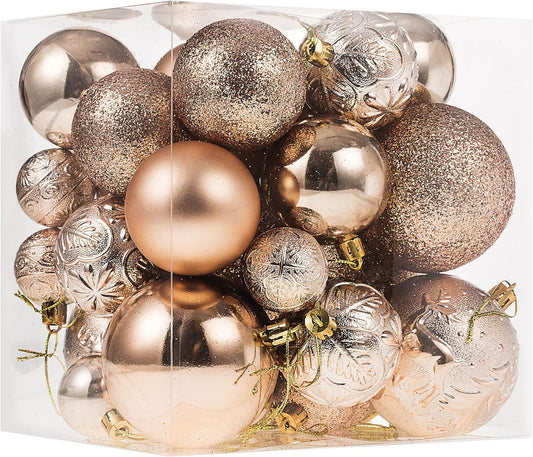 Box of 32 champagne ball ornaments in three sizes