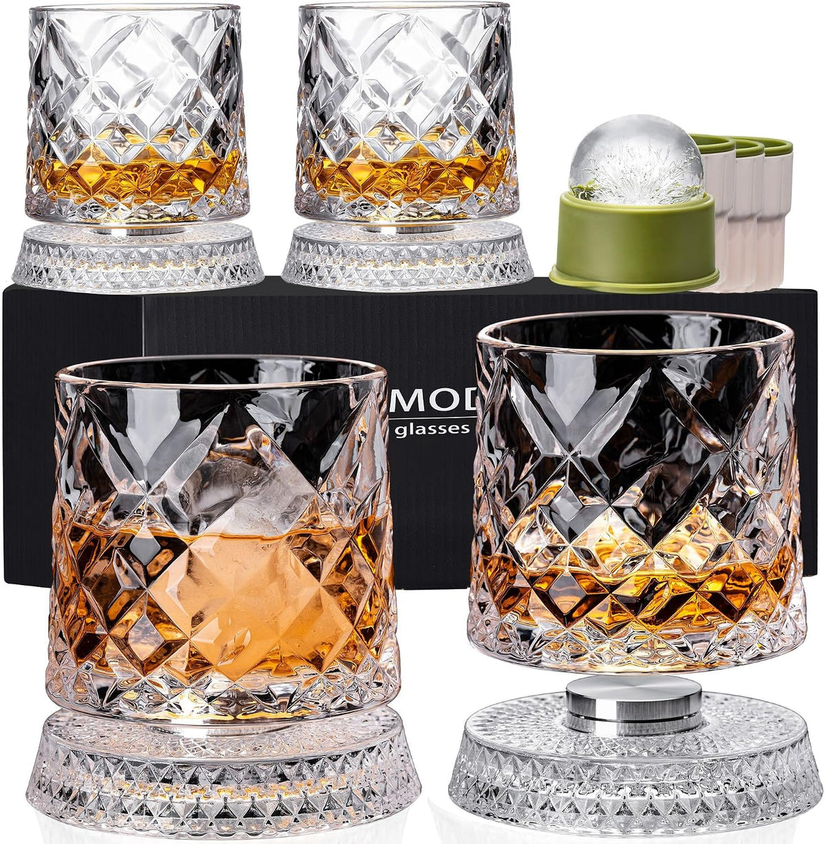 Spinning Whiskey Glasses – Sets of 2, 4 or 6, with Ice Ball Molds