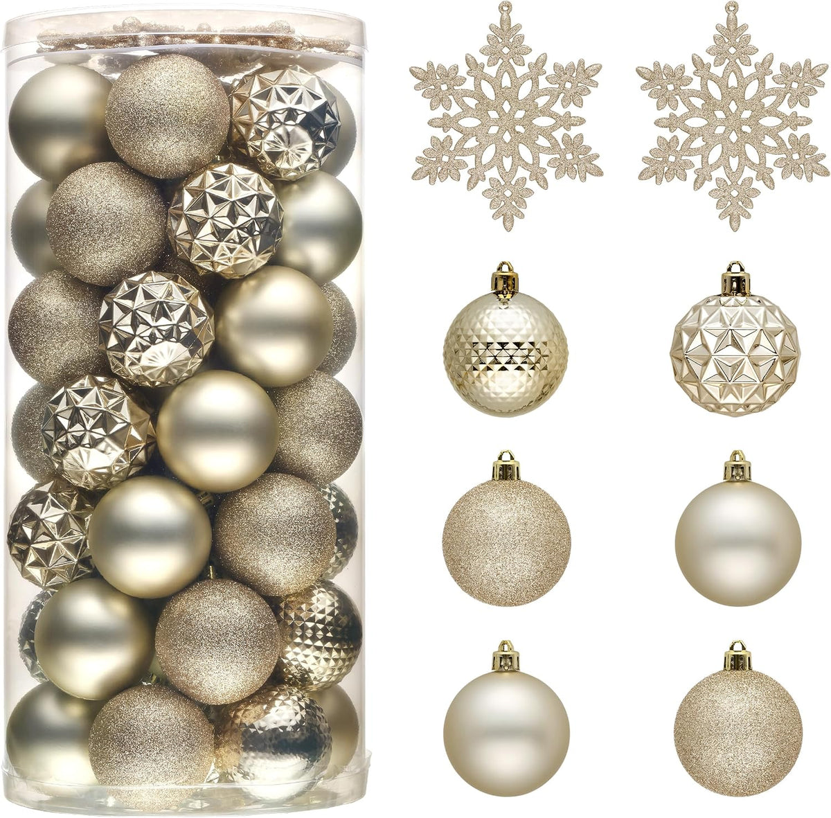 Tube of 50 champagne ornaments with the ball designs and two snowflakes