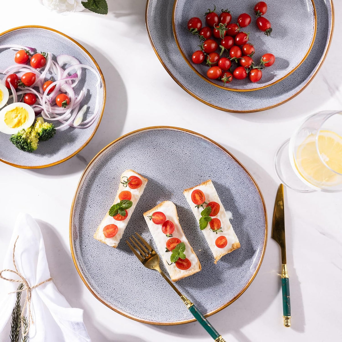 Reactive-glaze plates served with toast, salad and tomatoes