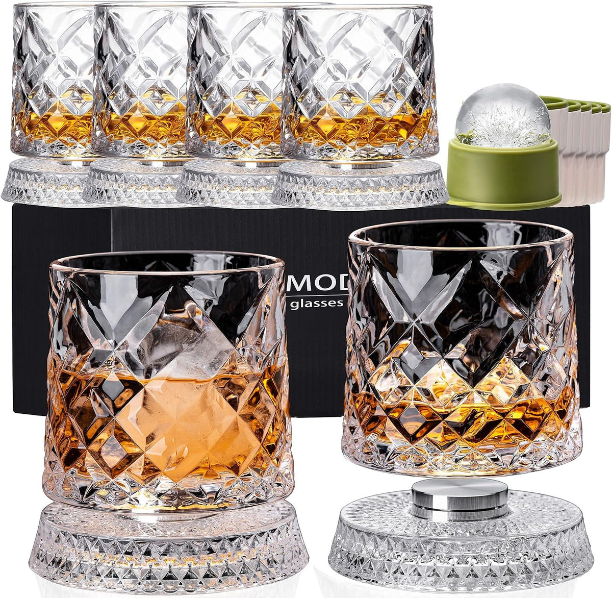 Diamond cut pattern, set of 6 glasses with rotating bases and ice ball molds
