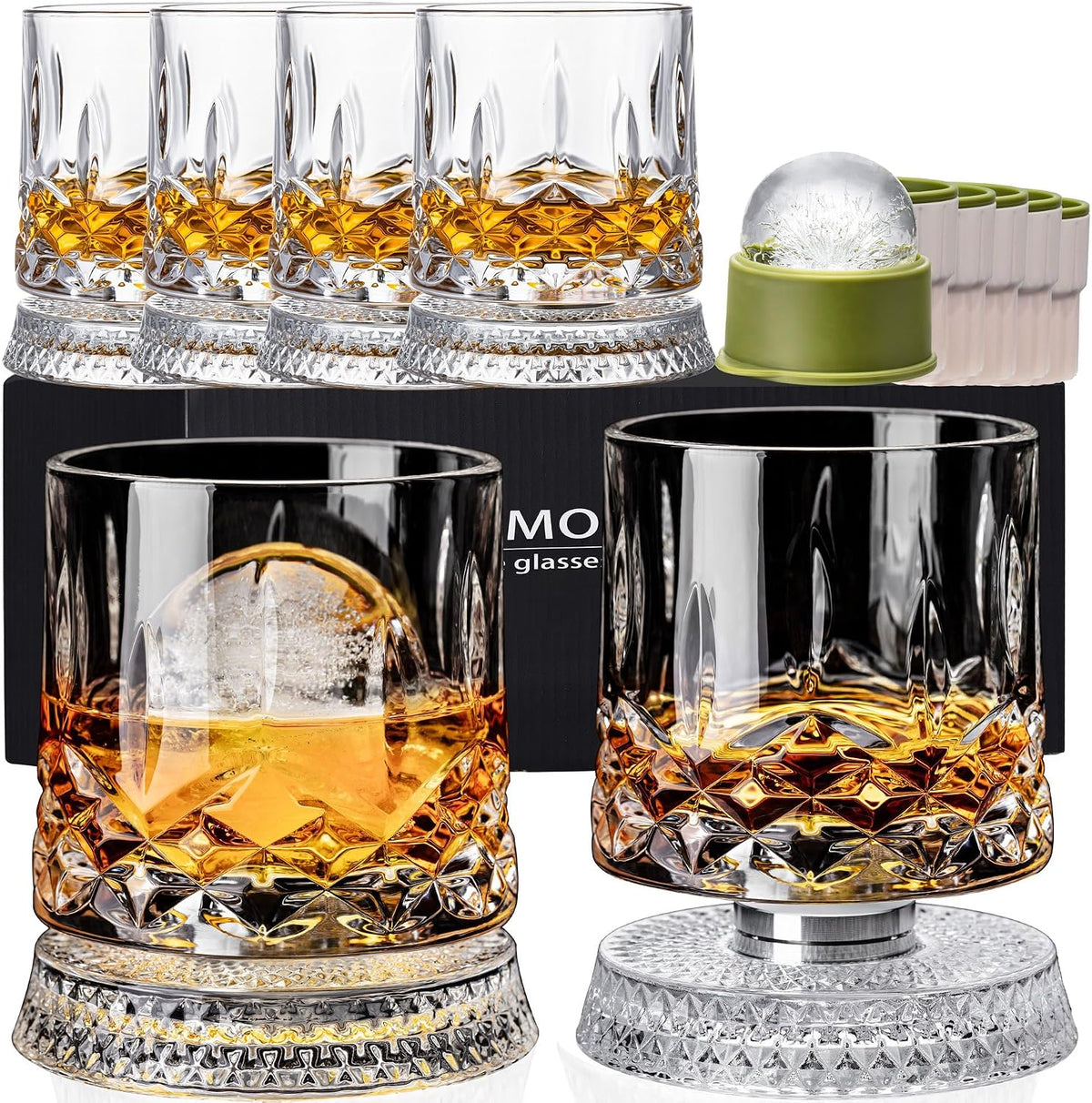 Spinning Whiskey Glasses – Sets of 2, 4 or 6, with Ice Ball Molds