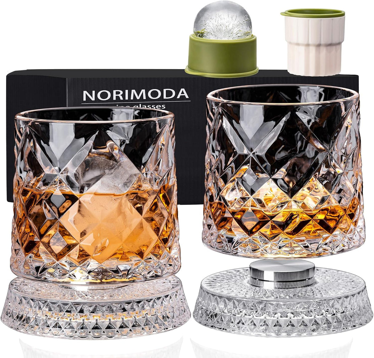 Diamond cut pattern, set of 2 glasses with rotating bases and an ice ball mold
