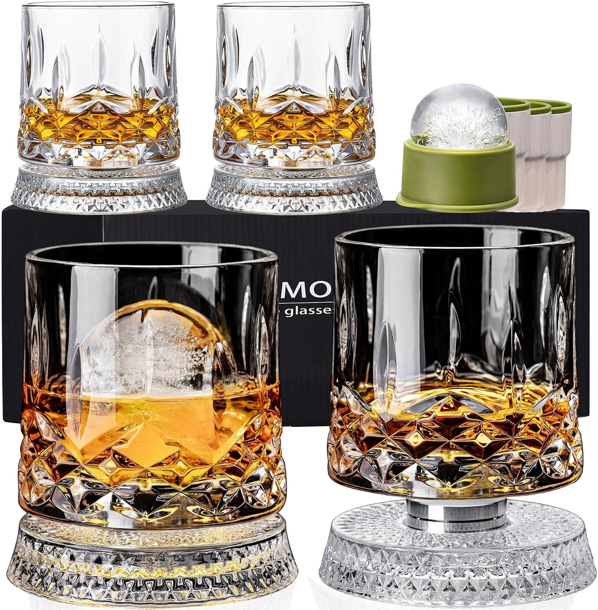Classic pattern, set of 4 glasses with rotating bases and ice ball molds