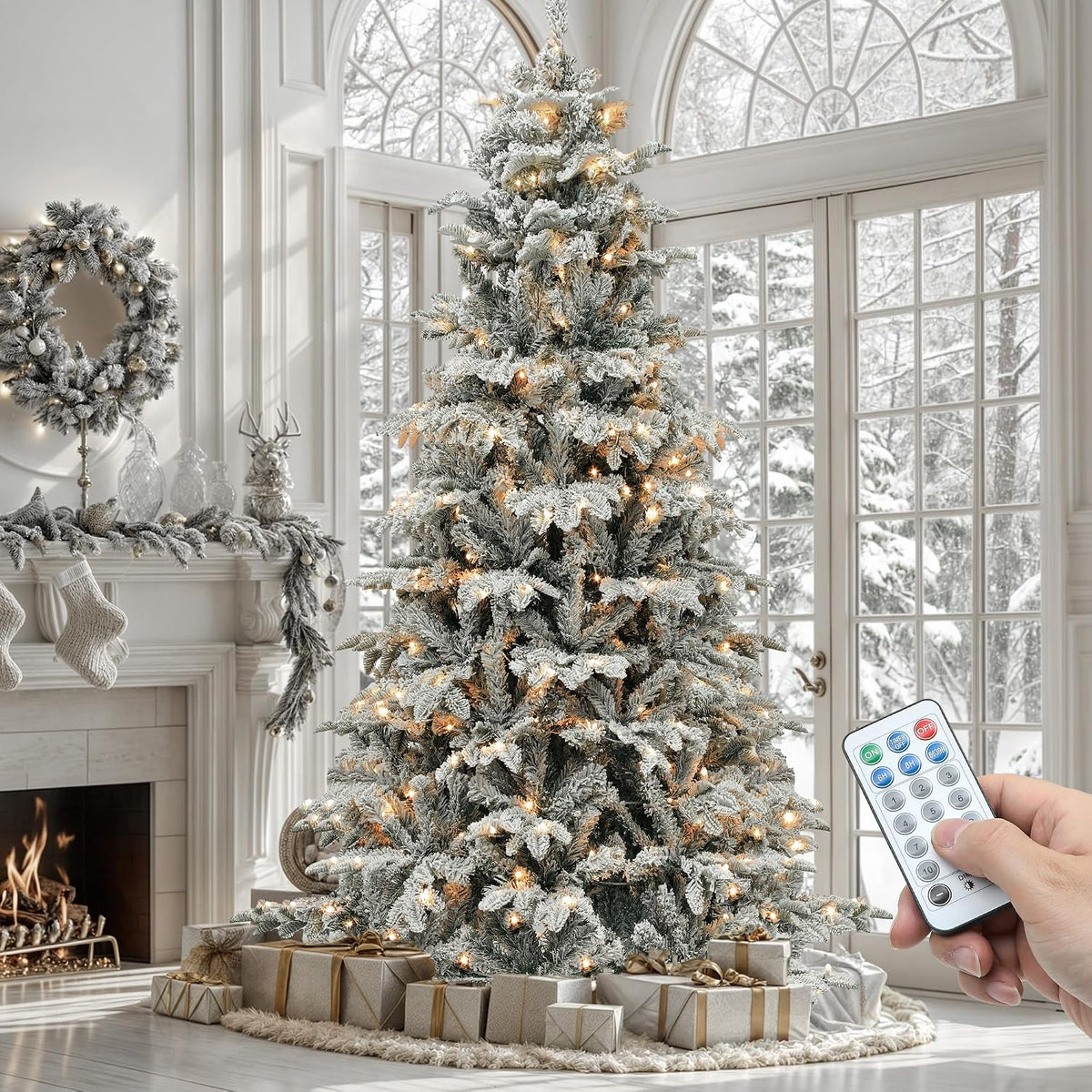 6.5 ft flocked Christmas tree lit in a living room, with its remote control