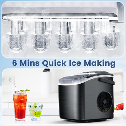 COWSAR Bullet Ice Maker Countertop with Self-Cleaning, Staninless Steel or ABS Plastic, 26.5Lbs/24Hrs, 6 Mins/9 Pcs Bullet Ice, Portable Ice Maker for Kitchen/Home/Office/Party/Rv