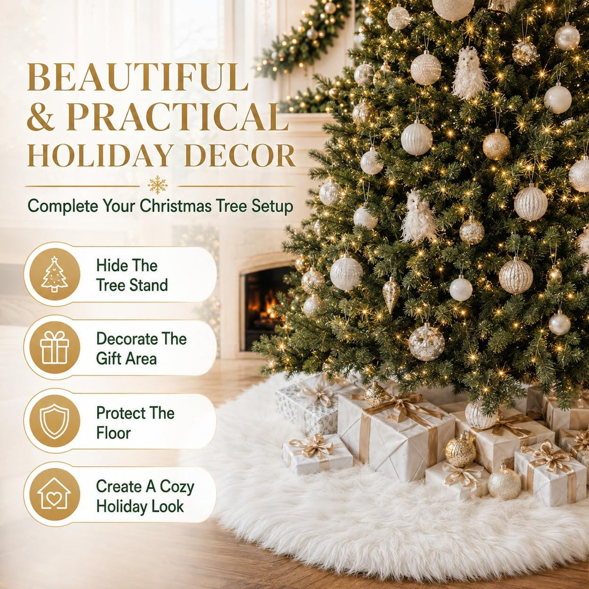 White faux fur tree skirt hiding the stand and framing the gifts