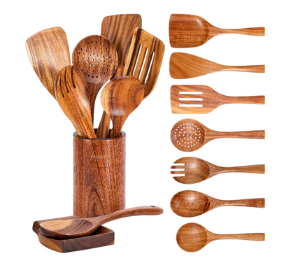 9-Piece Teak Wooden Kitchen Utensil Set with Holder