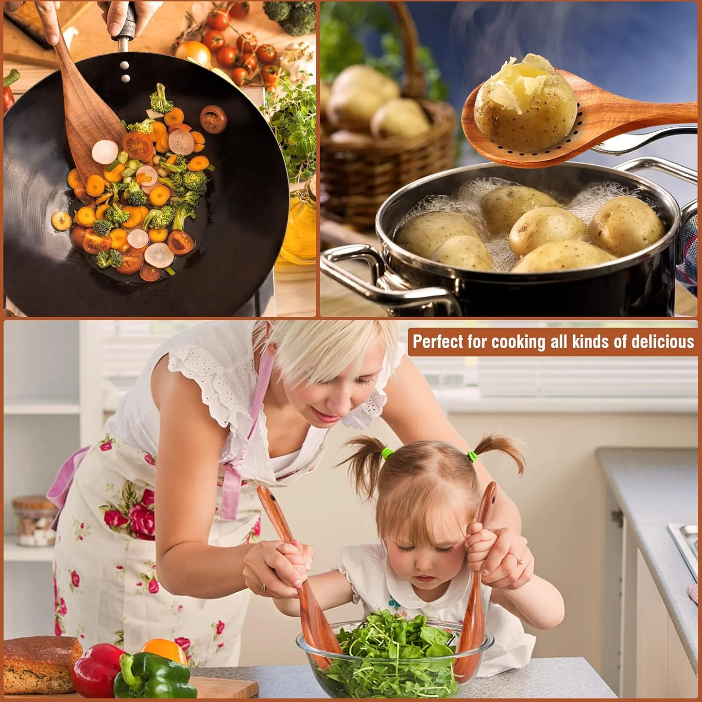 9-Piece Teak Wooden Kitchen Utensil Set with Holder