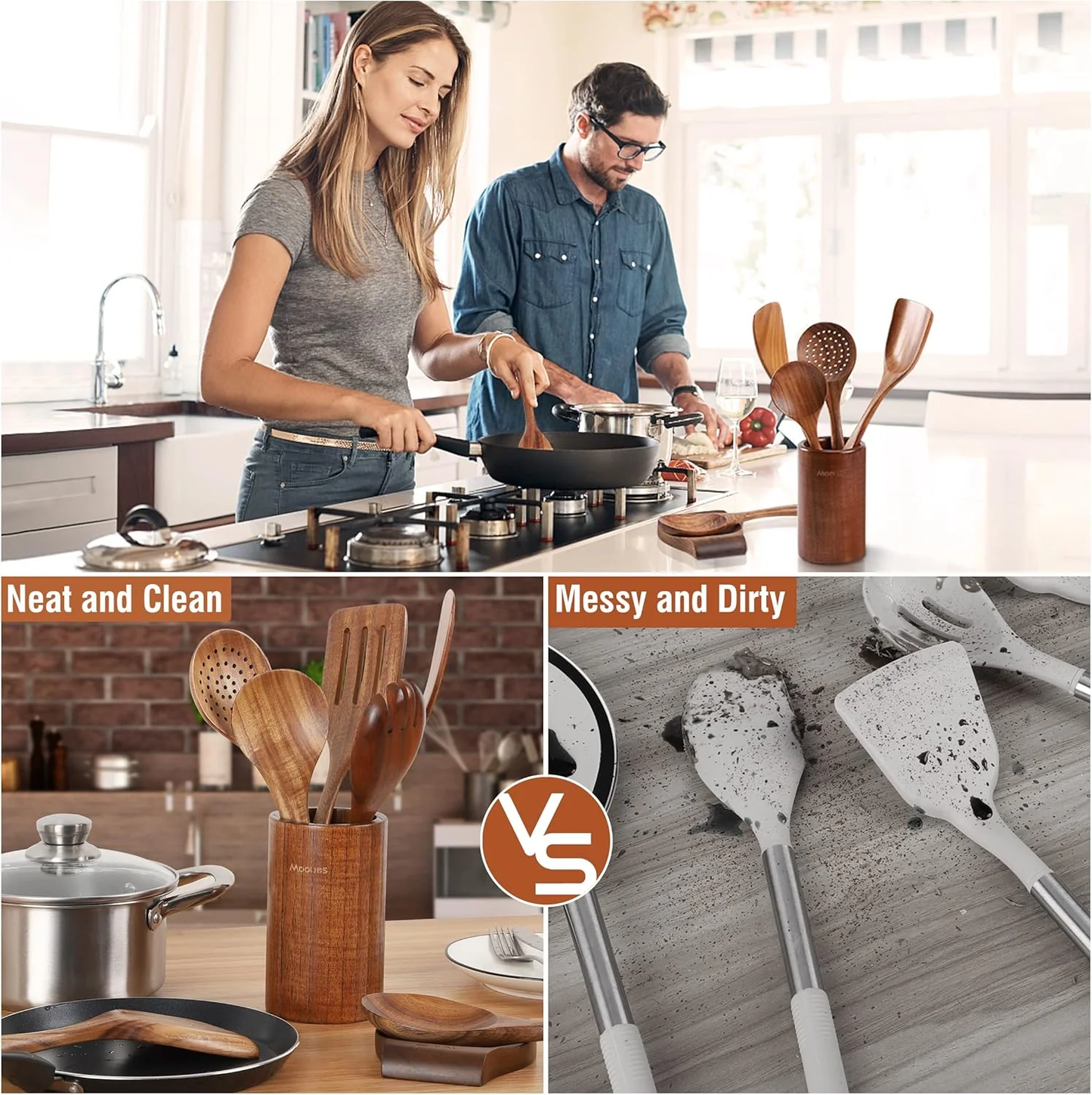 9-Piece Teak Wooden Kitchen Utensil Set with Holder