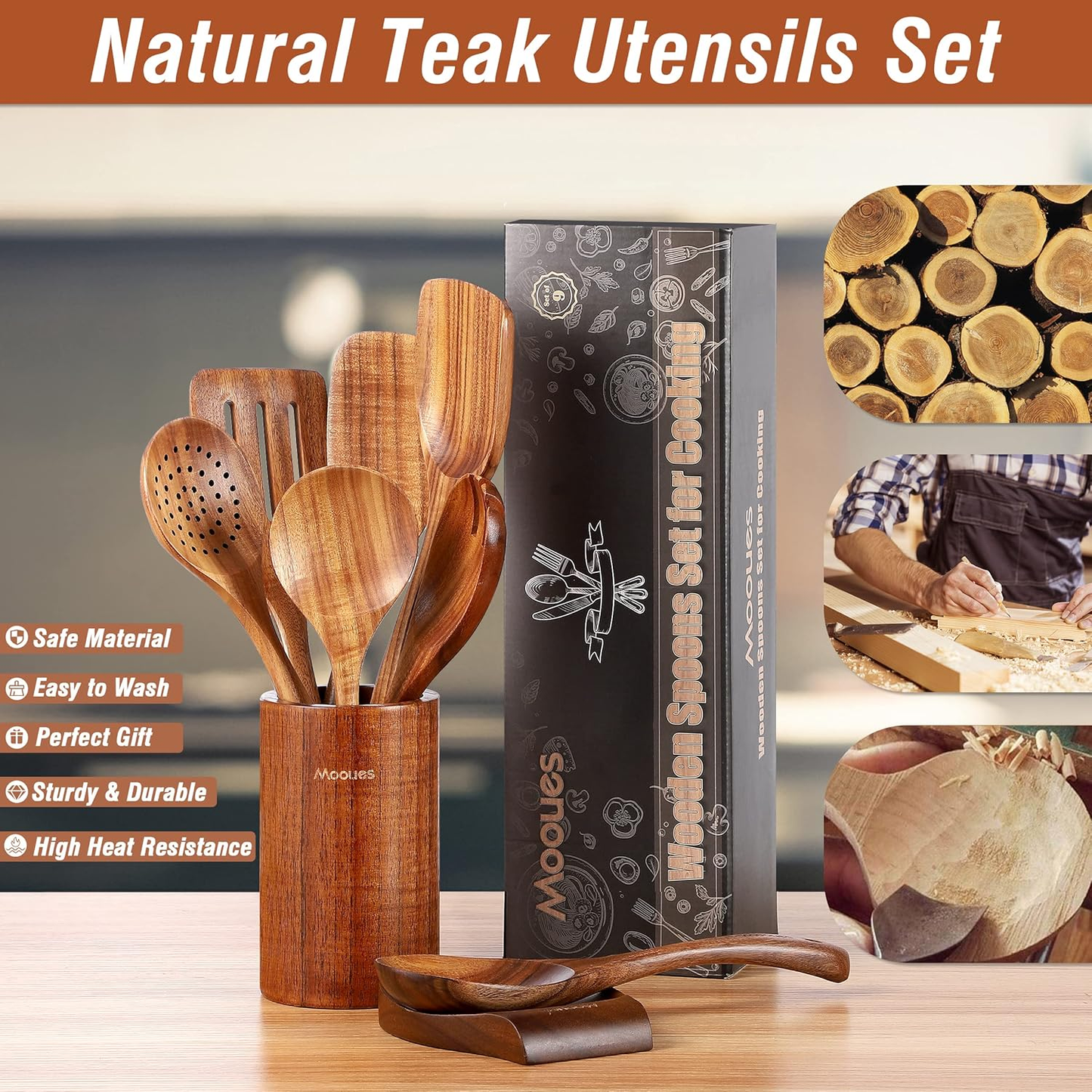 9-Piece Teak Wooden Kitchen Utensil Set with Holder