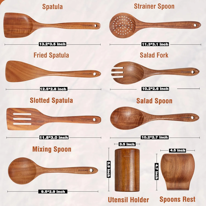 9-Piece Teak Wooden Kitchen Utensil Set with Holder