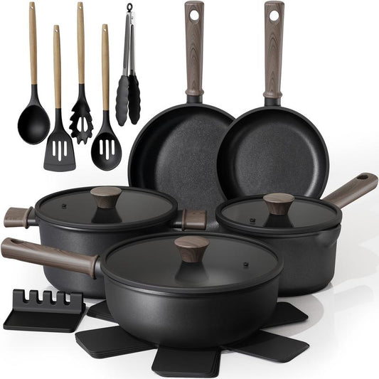 Astercook 18-Piece Non-Stick Cookware Set with Elegant Wooden Handles, Frying Pan, Stew Pot, Steamer, Suitable for Induction Cooktops, Kitchen Cooking Set, Oven Safe, High Temperature Resistant