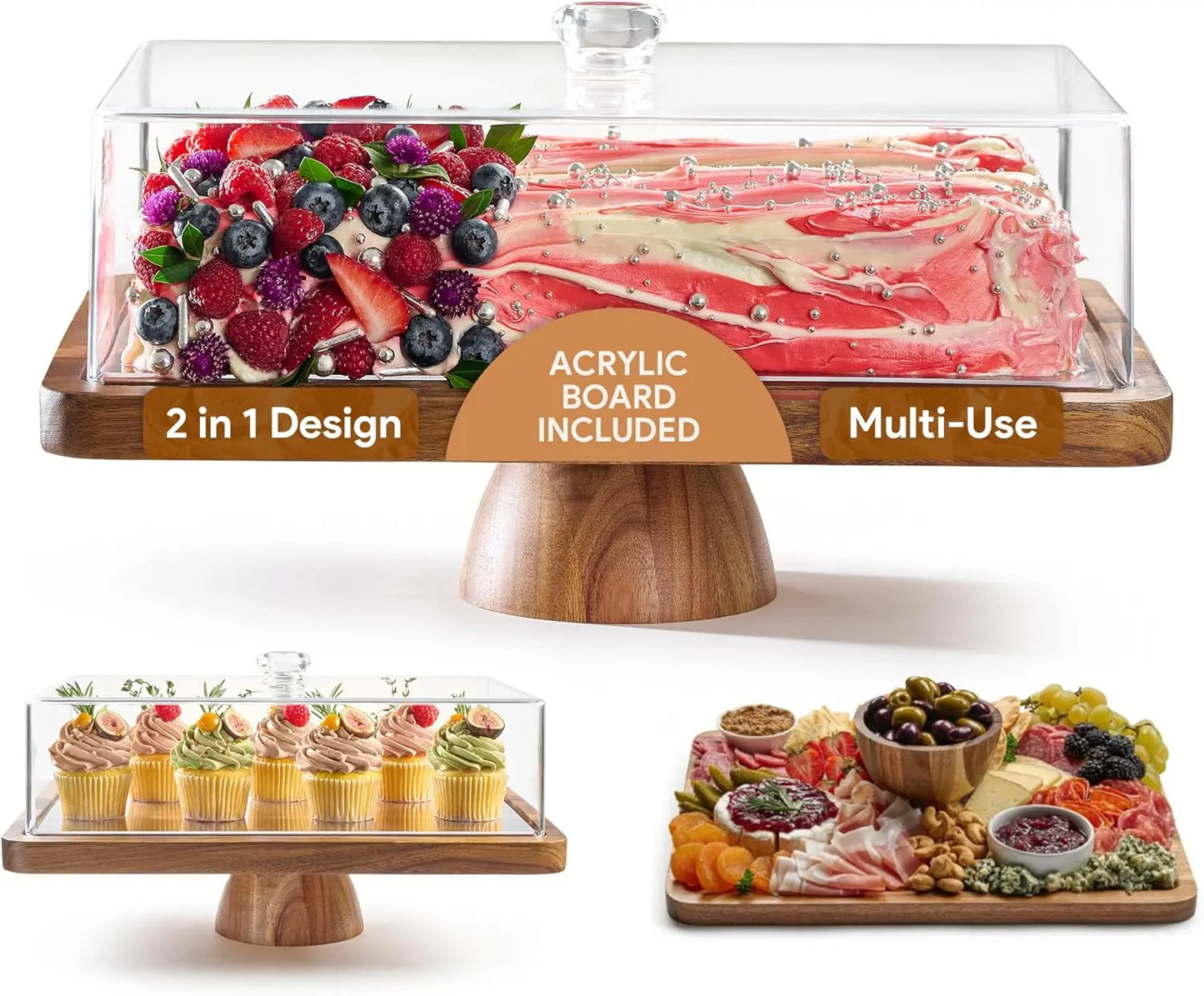 Acacia Wood Valentine Cake Stand with Lid - Rectangle Holder for Valentine'S Baking, 2-In-1 Dessert Display & Charcuterie Board, Valentine'S Day Serving Platter, Acrylic Dome Cover