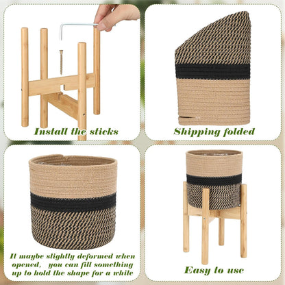 Plant Basket with Stand Indoor Planter Pot Holder Sturdy Jute Rope Modern Woven Basket, Cotton Rope Woven Pot with Bamboo Stand(7.87 Inch,Black and Beige Stripes)