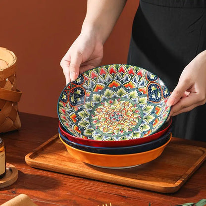 Creative Bohemian Ethnic Style Ceramic Dishes Set, Vintage Hand-Painted Dinnerware, High-Temperature Resistant Bowls & Plates, Home Decor Gift