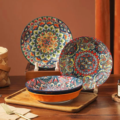 Creative Bohemian Ethnic Style Ceramic Dishes Set, Vintage Hand-Painted Dinnerware, High-Temperature Resistant Bowls & Plates, Home Decor Gift