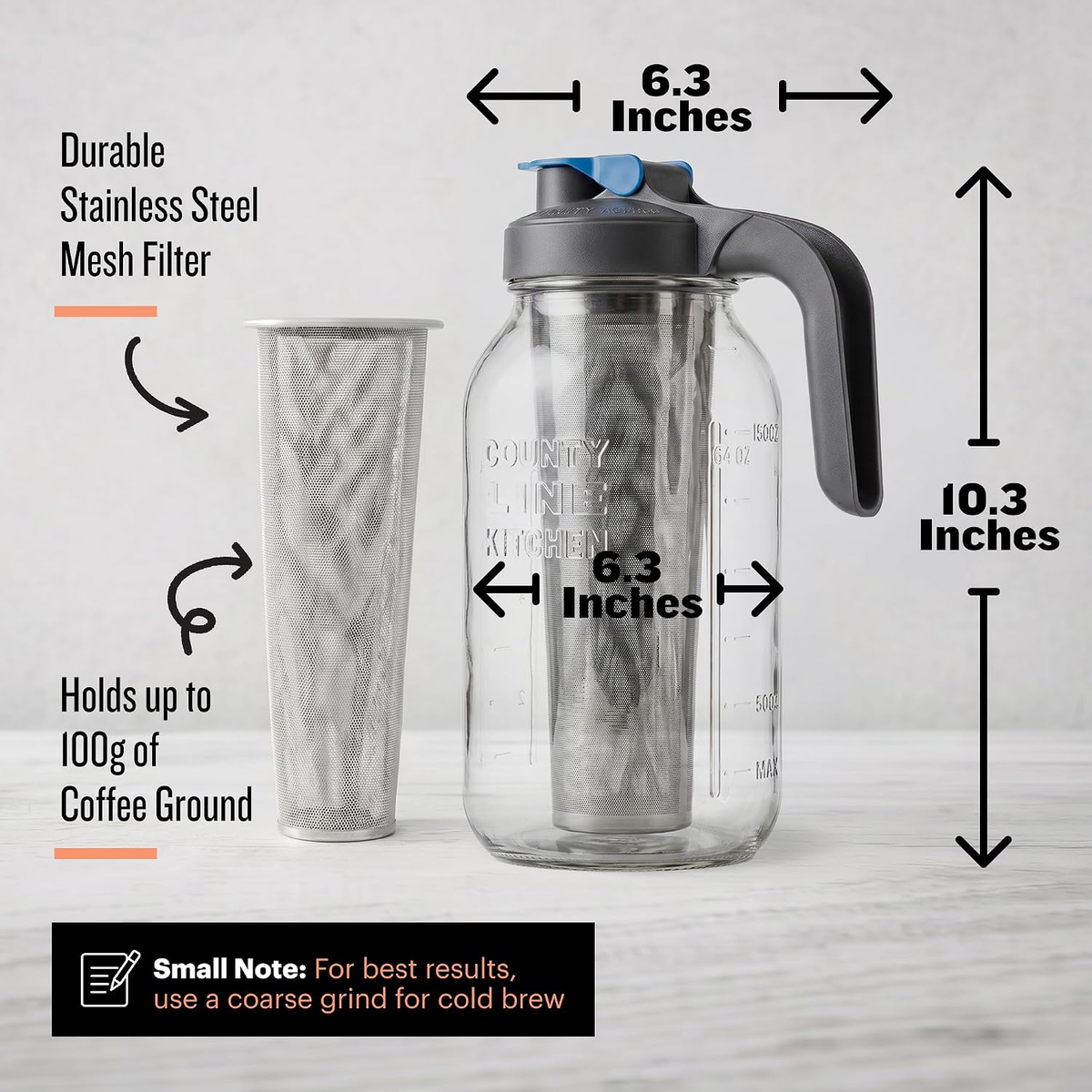 Cold brew jar and mesh filter with their measurements