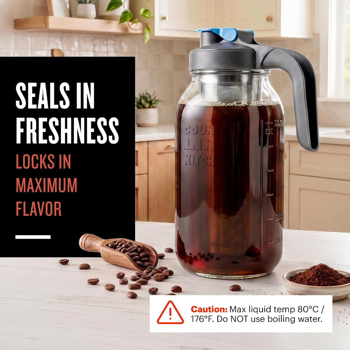 Cold brew jar filled with coffee beside coffee beans