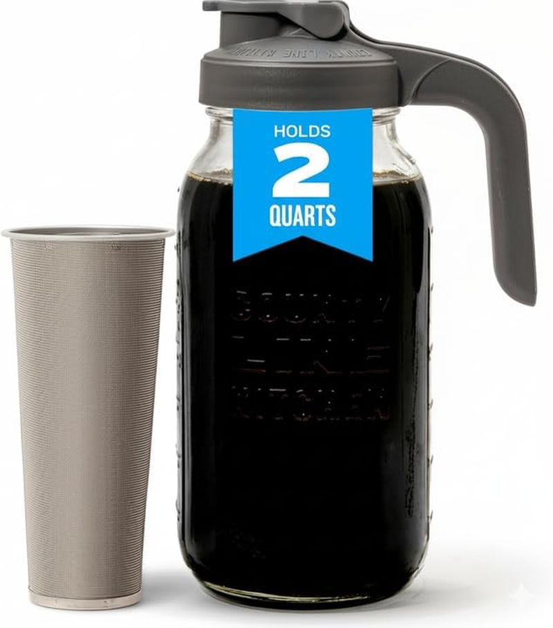 Cold brew coffee maker with a glass jar, gray lid and stainless steel filter