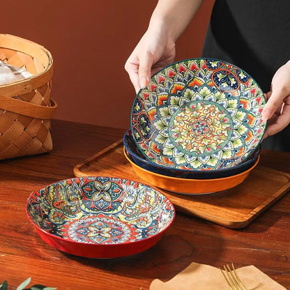 Creative Bohemian Ethnic Style Ceramic Dishes Set, Vintage Hand-Painted Dinnerware, High-Temperature Resistant Bowls & Plates, Home Decor Gift