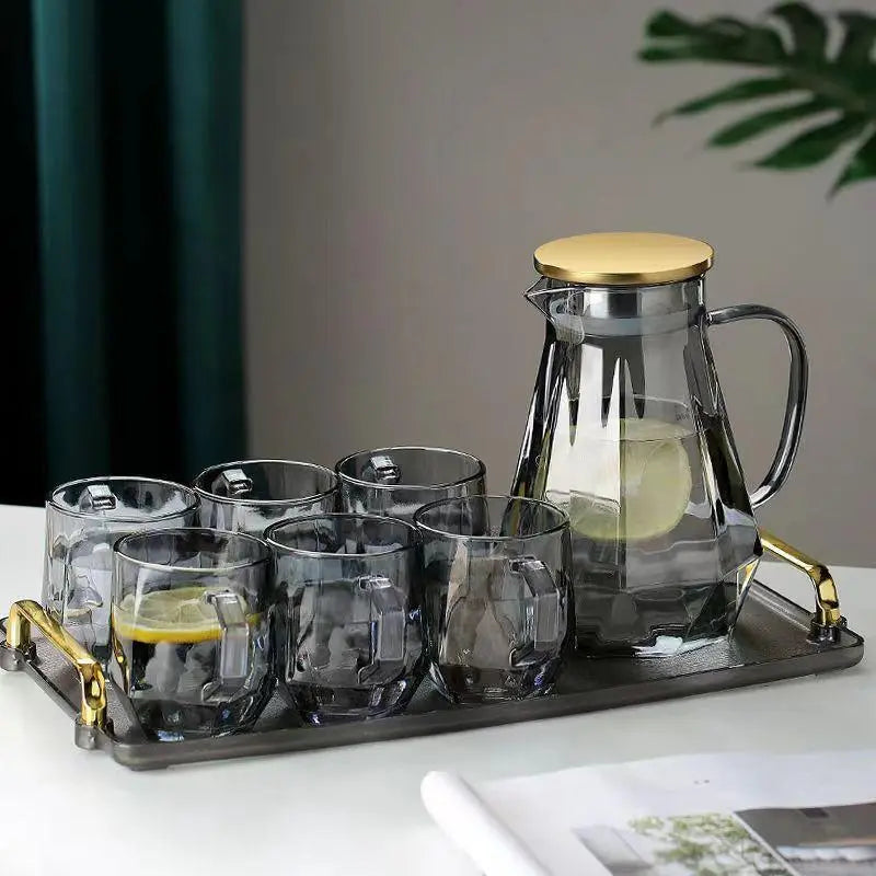 Glass Tea Pot & Glass Cups Set, 7 Counts/Set Including 1 Count Tea Pot & 6 Counts Glass Cups, Household Serving Large Cold Water Pot, Classic High-Temperature Resistant Tea Pot, Glass Tea Sets for Home Living Room, Summer for Gift