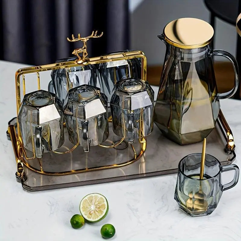 Glass Tea Pot & Glass Cups Set, 7 Counts/Set Including 1 Count Tea Pot & 6 Counts Glass Cups, Household Serving Large Cold Water Pot, Classic High-Temperature Resistant Tea Pot, Glass Tea Sets for Home Living Room, Summer for Gift