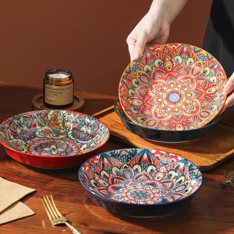 Creative Bohemian Ethnic Style Ceramic Dishes Set, Vintage Hand-Painted Dinnerware, High-Temperature Resistant Bowls & Plates, Home Decor Gift
