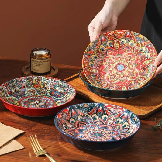 Creative Bohemian Ethnic Style Ceramic Dishes Set, Vintage Hand-Painted Dinnerware, High-Temperature Resistant Bowls & Plates, Home Decor Gift