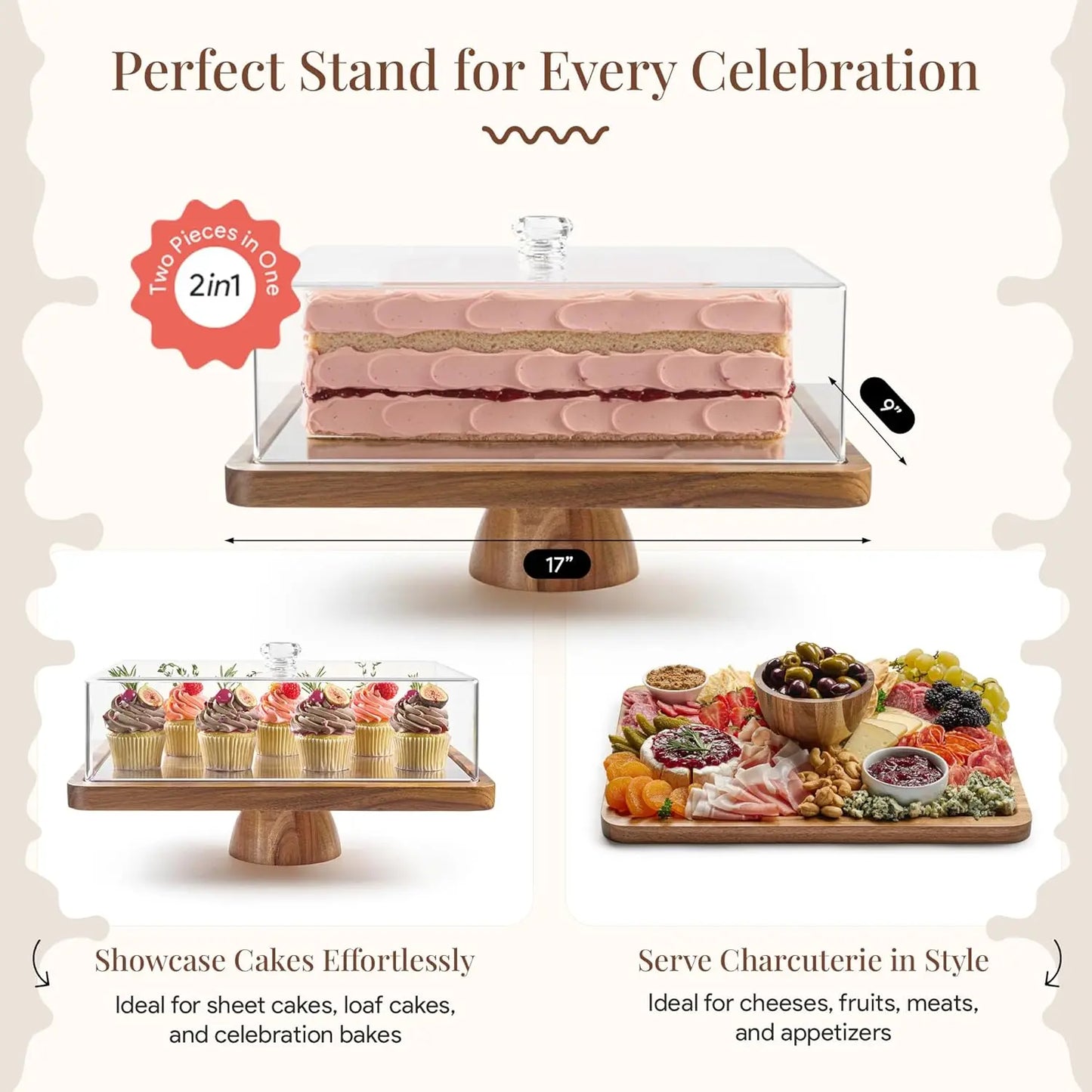 Acacia Wood Valentine Cake Stand with Lid - Rectangle Holder for Valentine'S Baking, 2-In-1 Dessert Display & Charcuterie Board, Valentine'S Day Serving Platter, Acrylic Dome Cover