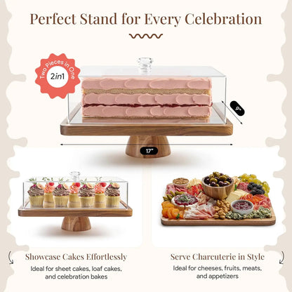 Acacia Wood Valentine Cake Stand with Lid - Rectangle Holder for Valentine'S Baking, 2-In-1 Dessert Display & Charcuterie Board, Valentine'S Day Serving Platter, Acrylic Dome Cover