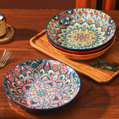 Creative Bohemian Ethnic Style Ceramic Dishes Set, Vintage Hand-Painted Dinnerware, High-Temperature Resistant Bowls & Plates, Home Decor Gift