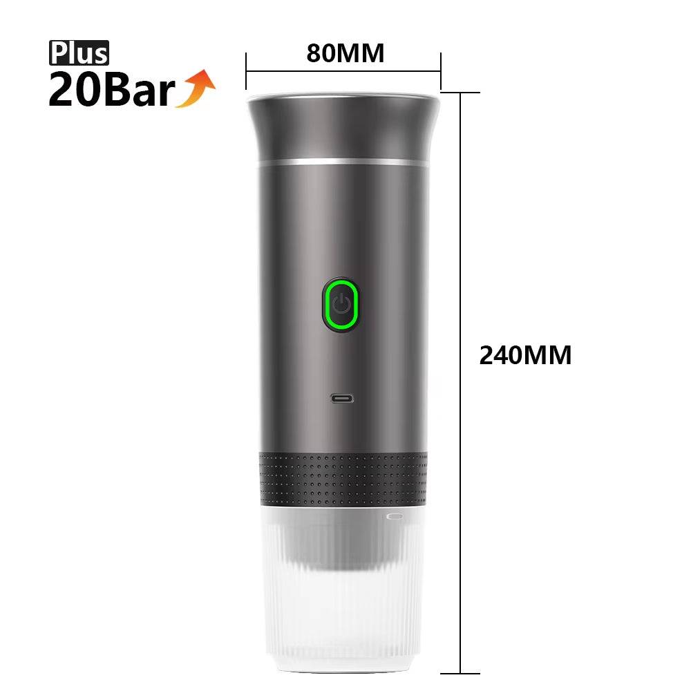 Metallic grey portable espresso maker, 240 mm tall and 80 mm wide