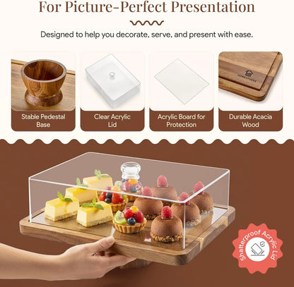 Acacia Wood Valentine Cake Stand with Lid - Rectangle Holder for Valentine'S Baking, 2-In-1 Dessert Display & Charcuterie Board, Valentine'S Day Serving Platter, Acrylic Dome Cover