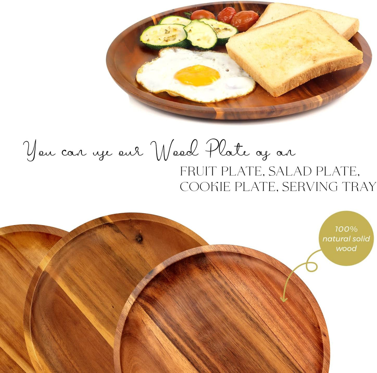 Acacia wood plates, one served with eggs, toast and vegetables