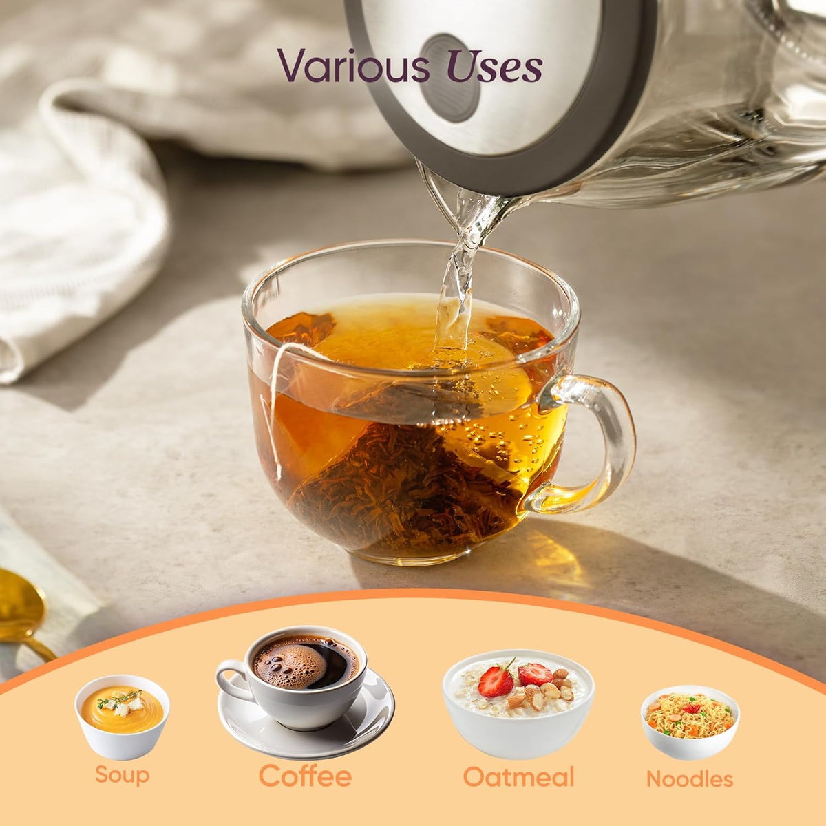 Pouring hot water from the kettle into a cup of tea