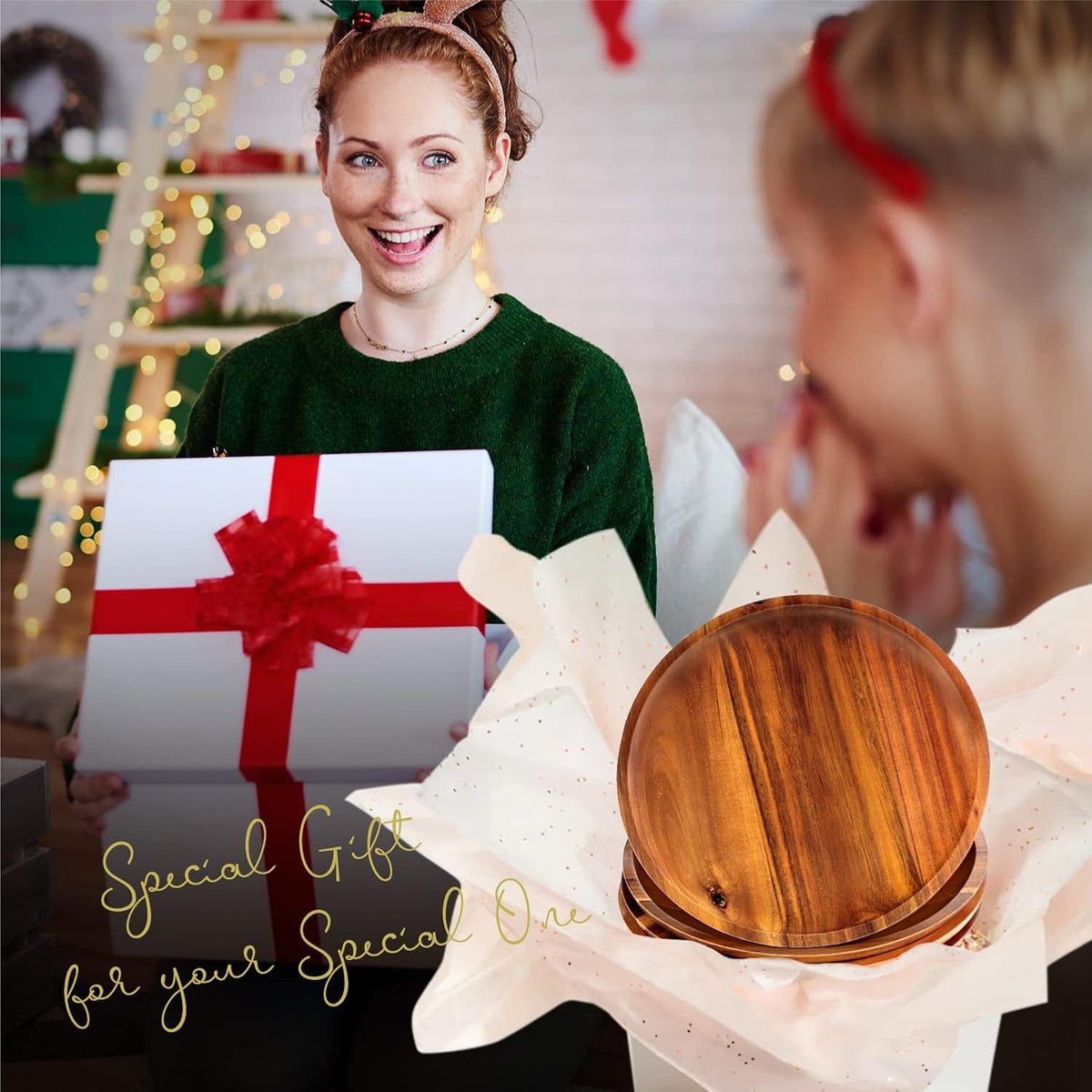 Acacia wood plates being unwrapped as a gift