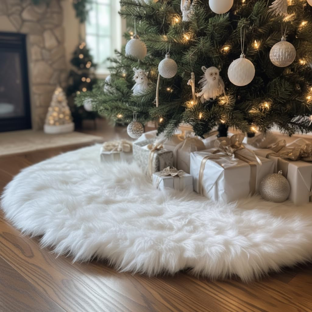 White faux fur tree skirt under a decorated Christmas tree with gifts