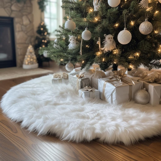 White faux fur tree skirt under a decorated Christmas tree with gifts