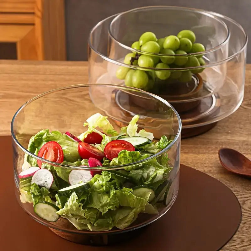 Glass Salad Bowl Set with Walnut Wood Base, Glass Fruit Bowls for Kitchen Use, Snacks, Desserts, Chips & Pasta Serving Dishes, Pop Tart Bowl