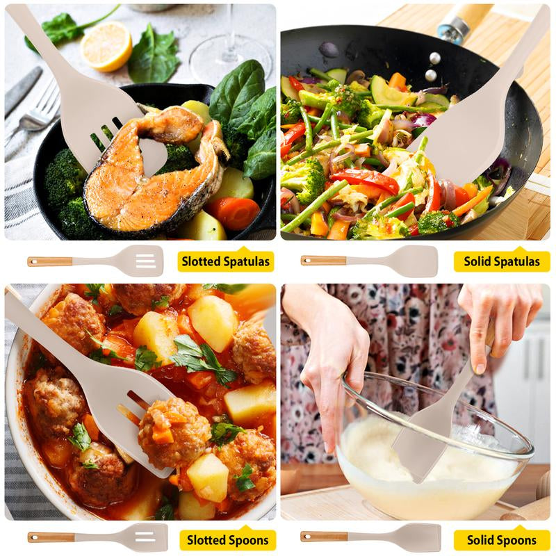 Pack of 4 Silicone Kitchen Utensils Set, Non Stick Solid Spatulas and Heat Resistant Slotted Spoons with Wooden Handle, Ideal BPA Free Cooking Utensils for Mixing,Serving,Turning,Stirring