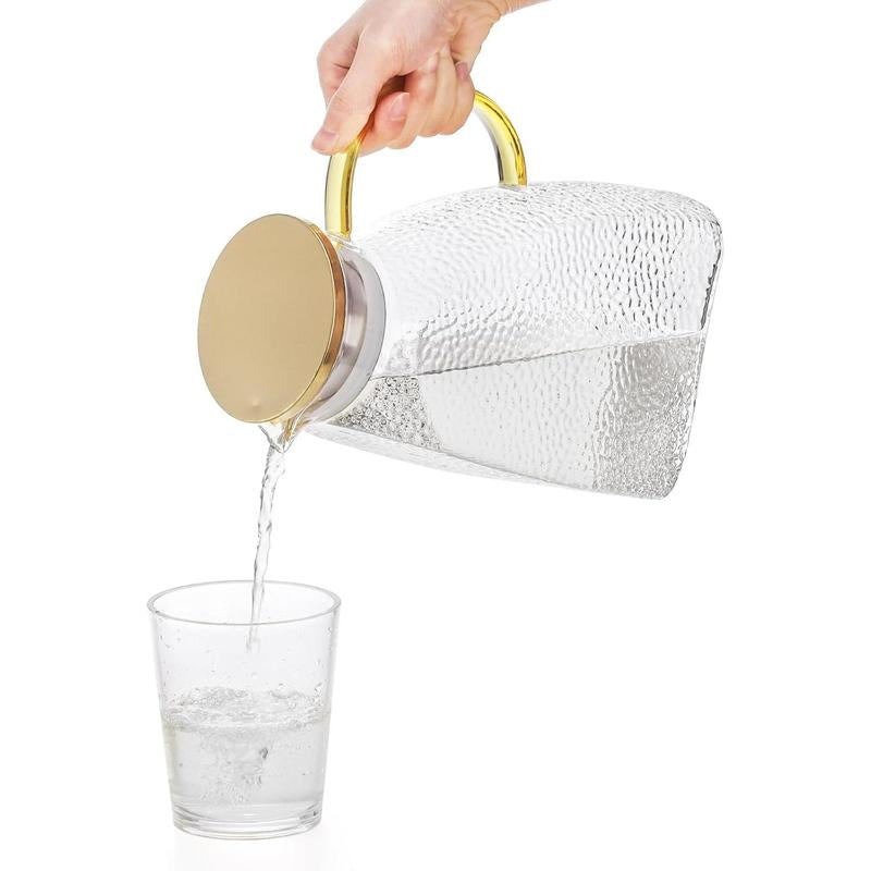 Fridge Door Water Pitcher, 1.8 Liter/60Oz Gold Lid, High Borosilicate Glass Leakproof Ice Tea Pitcher for Hot or Cold Beverage