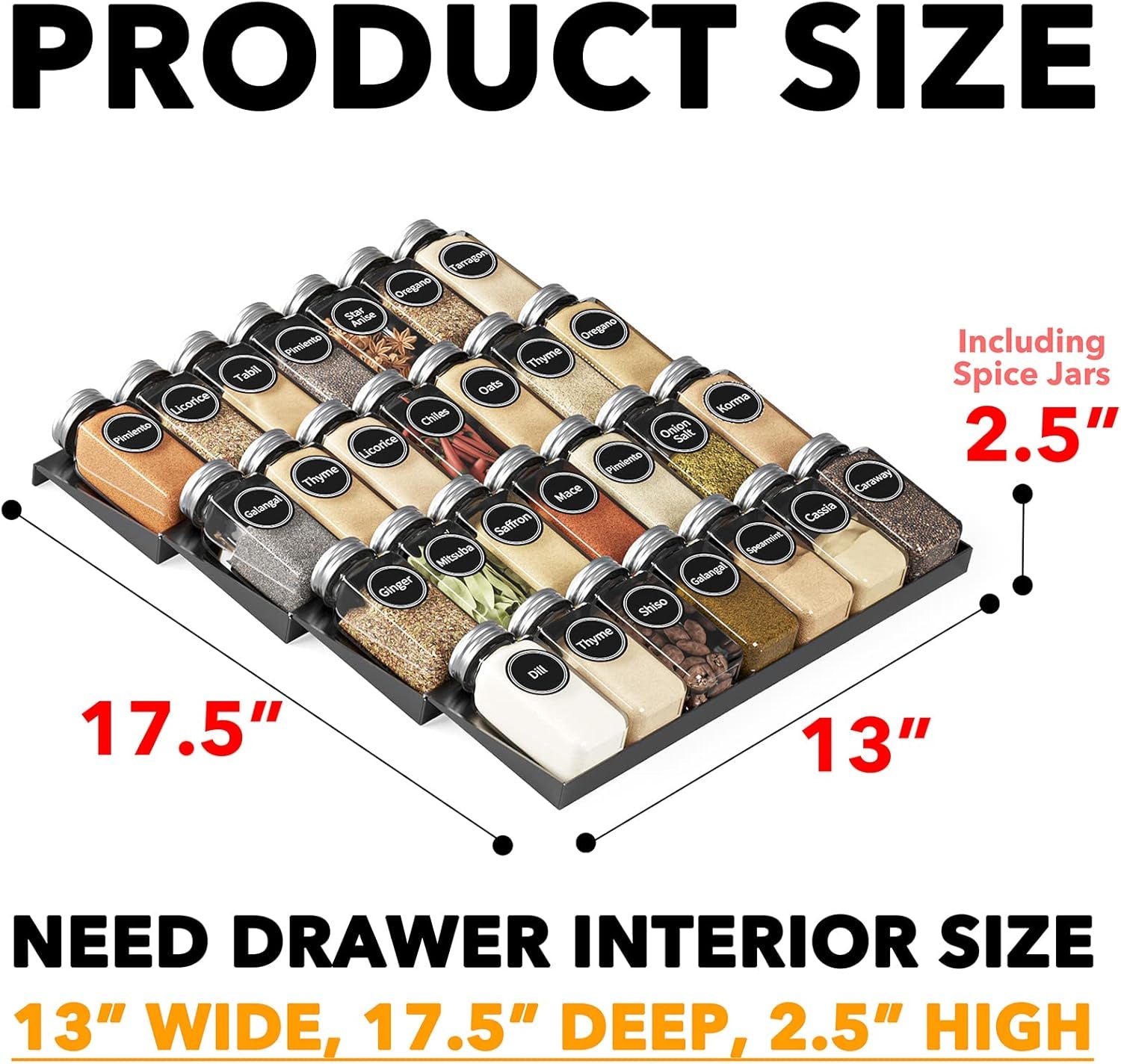Spice Drawer Organizer Set with 28 Spice Jars, 386 Spice Labels, and 4-Tier Seasoning Rack Tray Insert for Kitchen Drawers, 13" W x 17.5" D