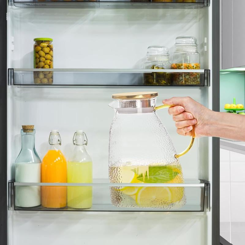 Fridge Door Water Pitcher, 1.8 Liter/60Oz Gold Lid, High Borosilicate Glass Leakproof Ice Tea Pitcher for Hot or Cold Beverage