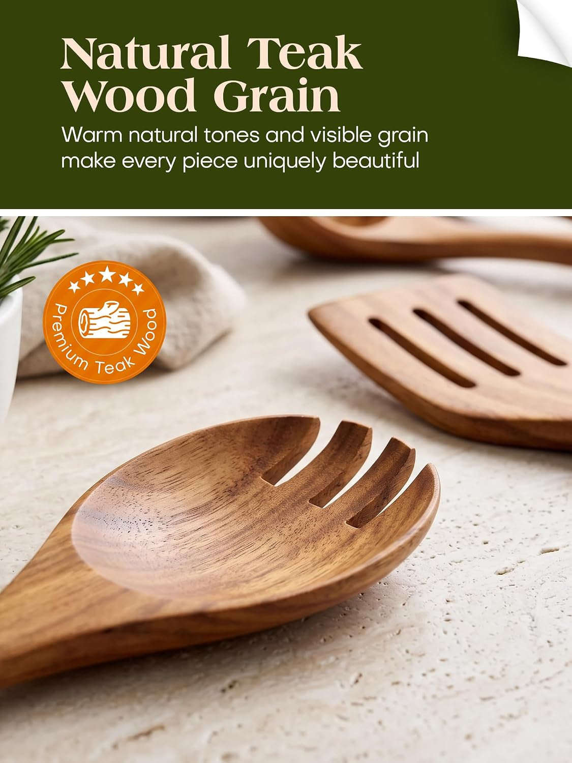 Close-up of the teak wood grain on a slotted turner and a spoon