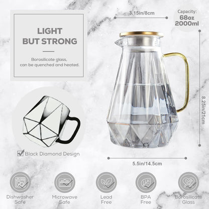 68 Oz Black Diamond Glass Pitcher with Lid - Elegant Water Carafe for Hot/Cold Beverages, Ideal for Iced Tea and Coffee, Durable Design with Handle