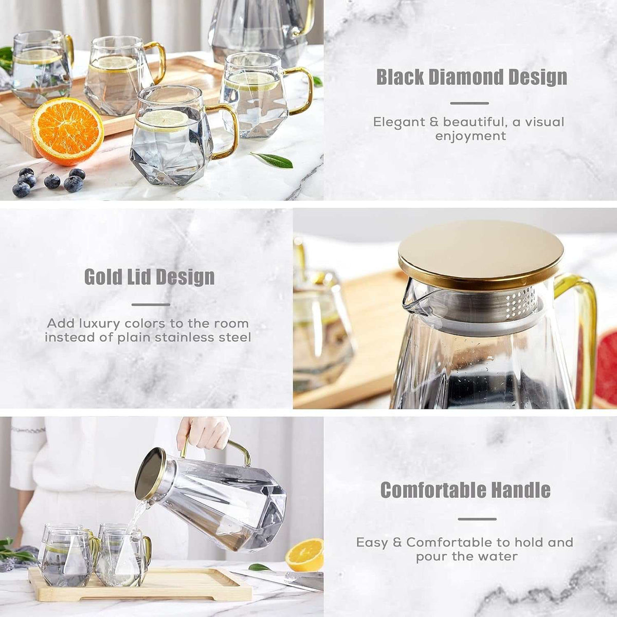 68 Oz Black Diamond Glass Pitcher with Lid - Elegant Water Carafe for Hot/Cold Beverages, Ideal for Iced Tea and Coffee, Durable Design with Handle