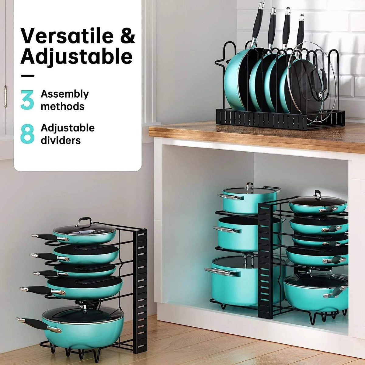 Pot and pan organizer set up in a kitchen cabinet and on a countertop
