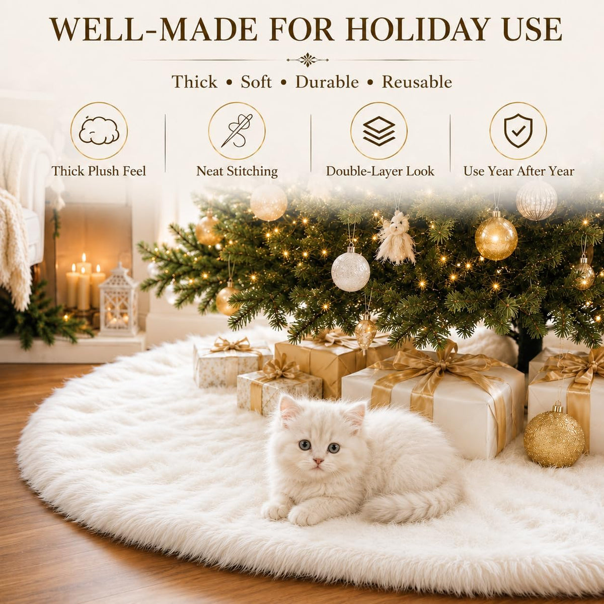 White tree skirt with gifts and a kitten under the tree