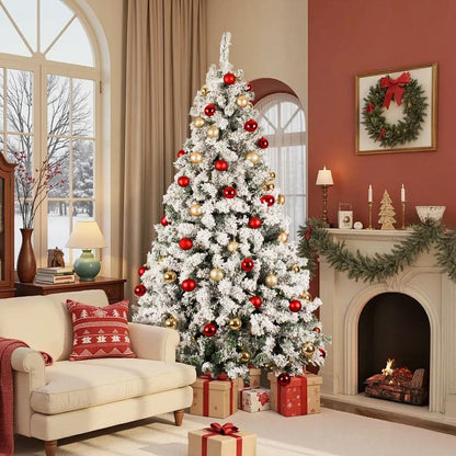 OTM 6.5FT Pre-Lit Artificial Christmas Tree with with 250 Multi-Color & Warm White LED Lights, 9 Lighting Modes, Snow Flocked Full Prelighted Xmas Tree with Foldable Stand Decor Decoration Ornaments, Includes Storage Bag, White